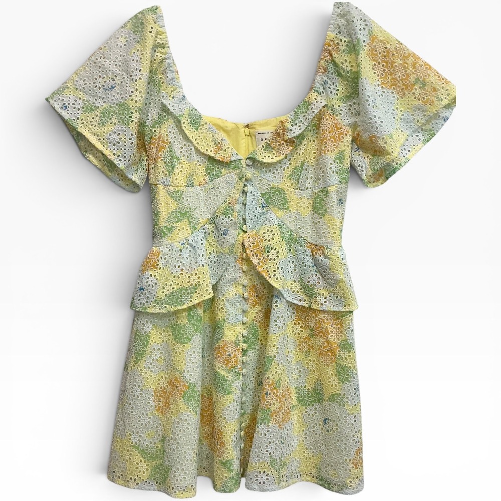 NWT Sabo Skirt Floral Eyelet Mini Dress Lined Yellow Green Cotton Peplum 8 - Picture 3 of 7